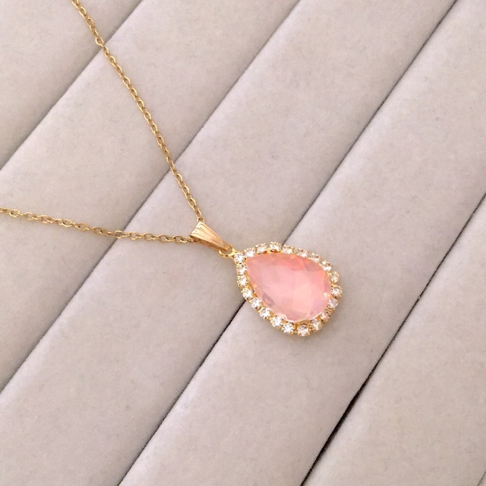 Peach Pink Opal Aurora Borealis + Gold Crystal Halo Pear Drop Pendant Necklace - Picture 4 of 6